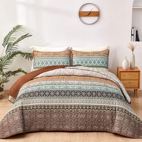 WONGS BEDDING Boho Fall Queen Quilt Set, Brown Bohemian Queen Quilt Bedding Set, Lightweight Microfiber Bed Decor Bedspread for All Season 96"x90"(3 Pieces)