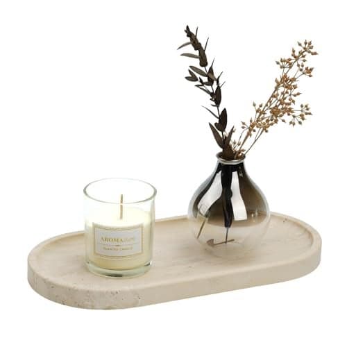 Koville Italian Natural Travertine Tray 12x6 Vanity Decorative Marble Tray for Countertop Organizer Catchall Tray for Perfume Candles Jewelry Dish Tray