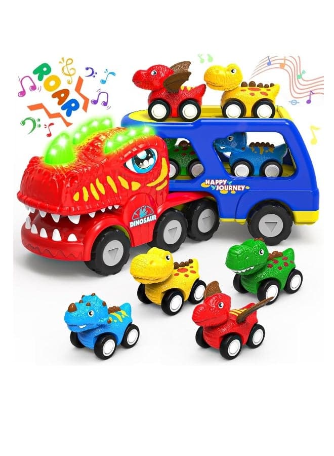 Toddler Car Toys for 1 2 3 4 Year Old Boy Kids Toys, 5-in-1 Dinosaur Transport Carrier Trucks Toys for Boys 1-3 with Sounds Lights, Toddler Toys for Boys 1-2 2-4 Dinosaur Toys