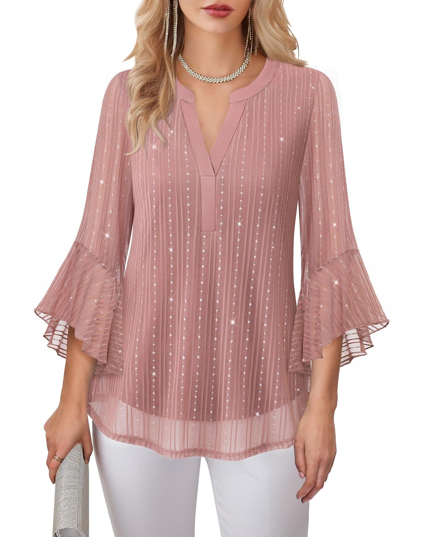 Lotusmile Holiday Tops for Women Elegant Evening Wear Party Shirts Dressy Tops for Women Night Out Wedding Parkly Sequin Tops for Party Night Going Out Pink Blouse