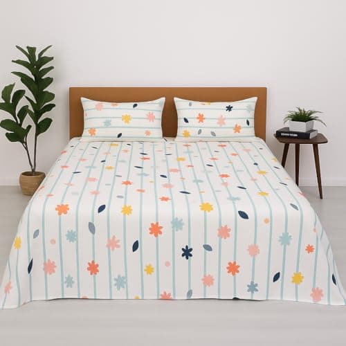 Double Bed Sheet Set – Ray of Flowers Print | Soft Touch, Wrinkle-Free Microfiber | Includes Pillow Covers | Floral Pattern Bedsheets for Home & Bedroom