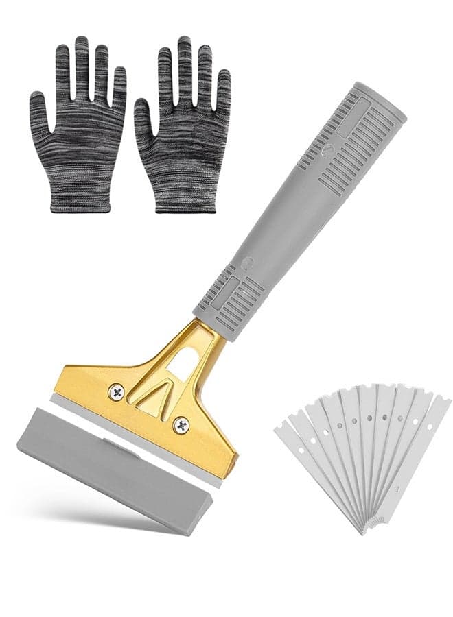 Razor Blade Scraper Tool, 4 Inch, Floor Razor Scraper Tool with 10 Extra Carbon Steel Blades and a Pair of Safety Gloves