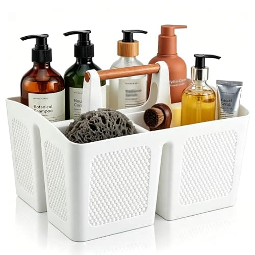 Haundry Plastic White Shower Caddy Basket with 3 Compartments, Portable Divided Bathroom Cleaning Caddy Organizer Storage Tote with Handle for Dorm, College, Room Essentials