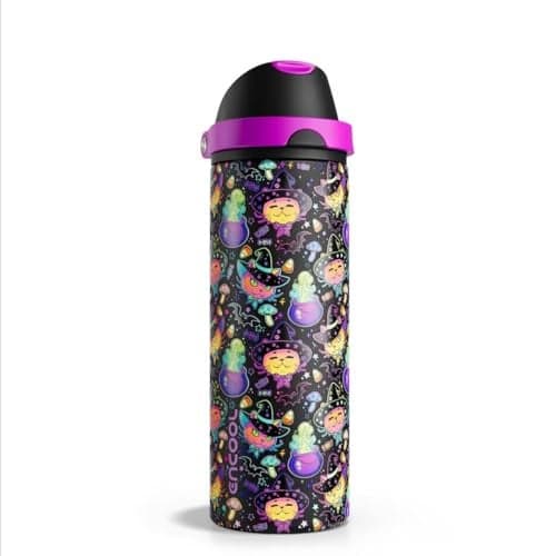 Insulated Water Bottle with Straw - Encool Stainless Steel Water Bottle with Push Button Lid, Leak-Proof & BPA-Free, Keeps Cold for 24 Hours for Sports, Travel, Gym (24 oz, Meowgic Night)
