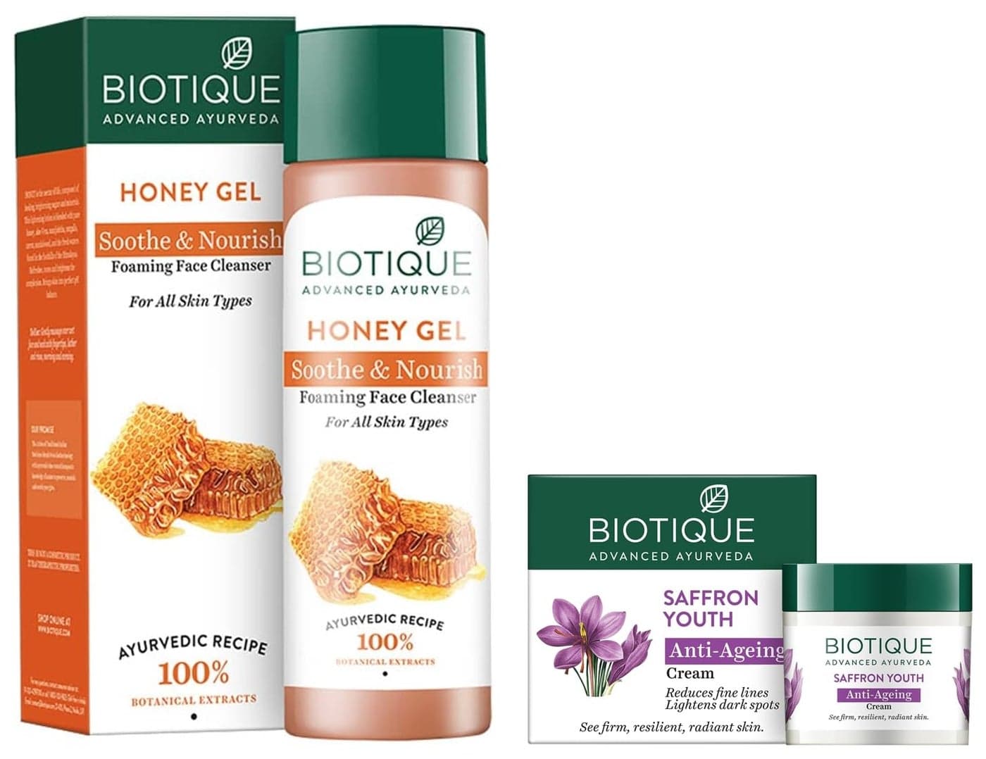 Biotique Bio Saffron Dew Youthful Nourishing Day Cream For All Skin Types 50g Bio Honey Gel Refreshing Foaming Face Cleanser 120ml