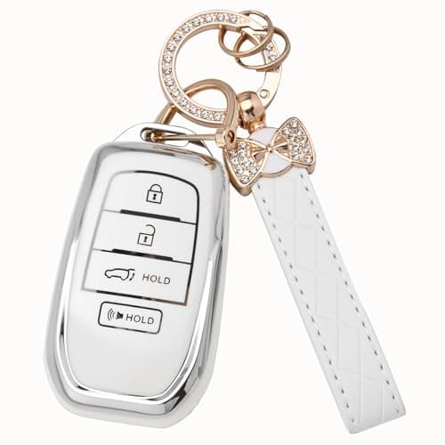JAMCARI Key Fob Cover for Toyota - 4 Buttons Soft TPU Protection Case with Keychain for Crown Corolla Cross Grand Highlander Tundra Prius Venza Sequoia Land Cruiser Smart Remote Key Shells (White)