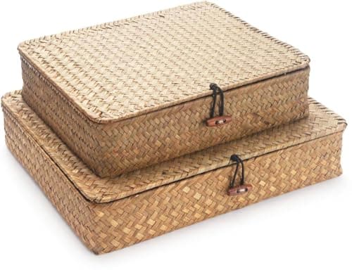 Seagrass Storage Baskets with Lids Flat Wicker Basket Shallow Woven Basket for Shelf Decorative Storage Boxes for Organizing Natural