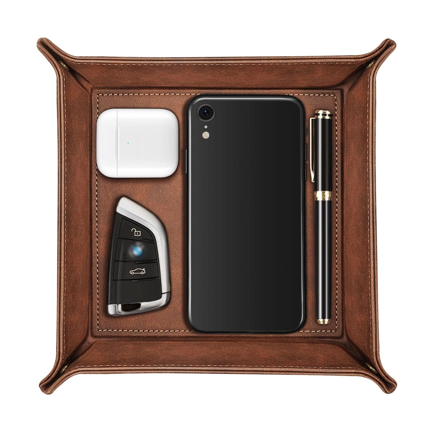 SITHON Valet Tray Desktop Storage Organizer Premium PU Leather Catchall Bedside Vanity Tray Nightstand Caddy Holder for Remote Controller Keys Phone Wallet Coin Jewelry Brown