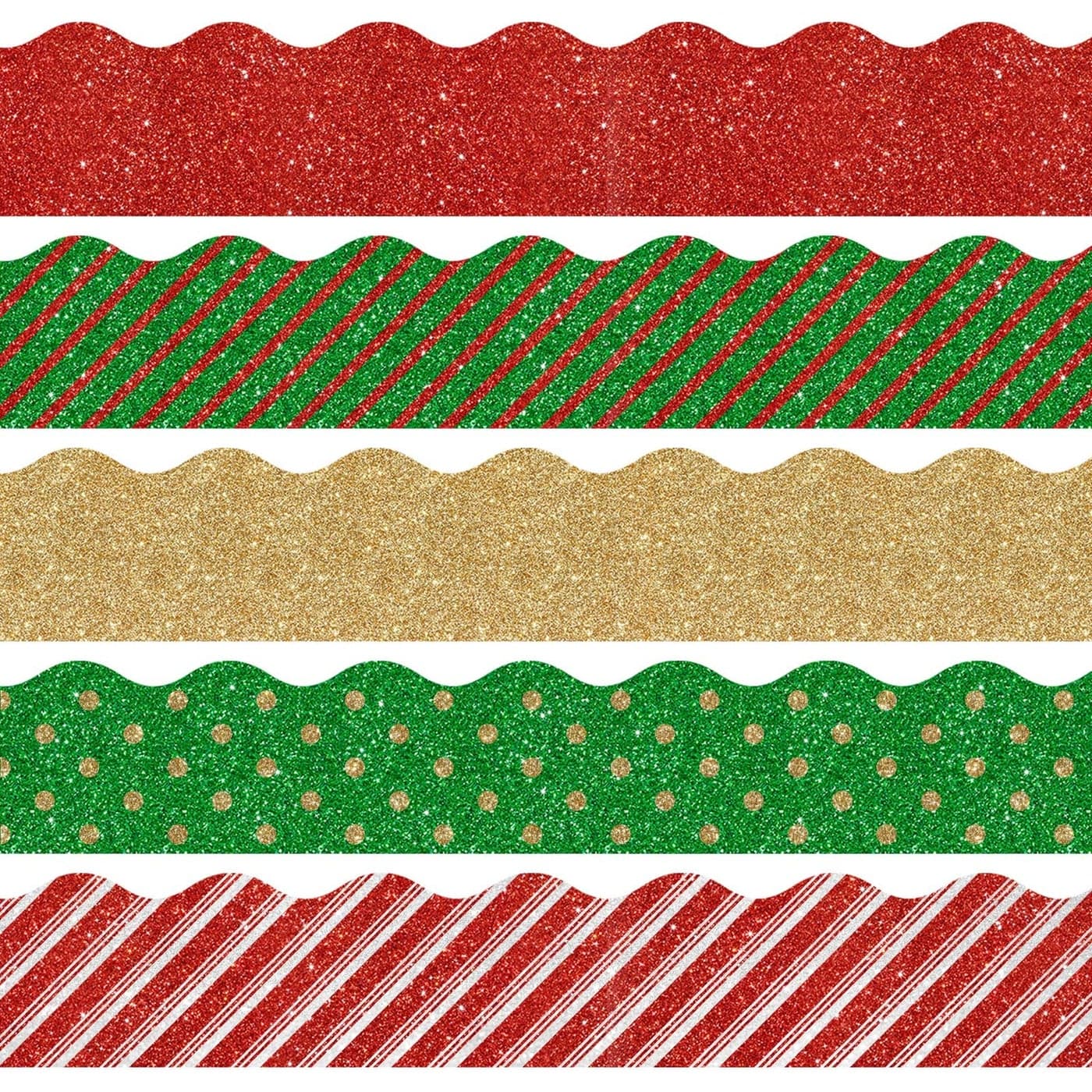 Whaline 69Ft Christmas Glitter Bulletin Board Borders 5 Designs Shine Stripe Dot Red Green Gold Merry Christmas Decoration Trim Bulletin Board Stickers for School Classroom Office Party Decoration