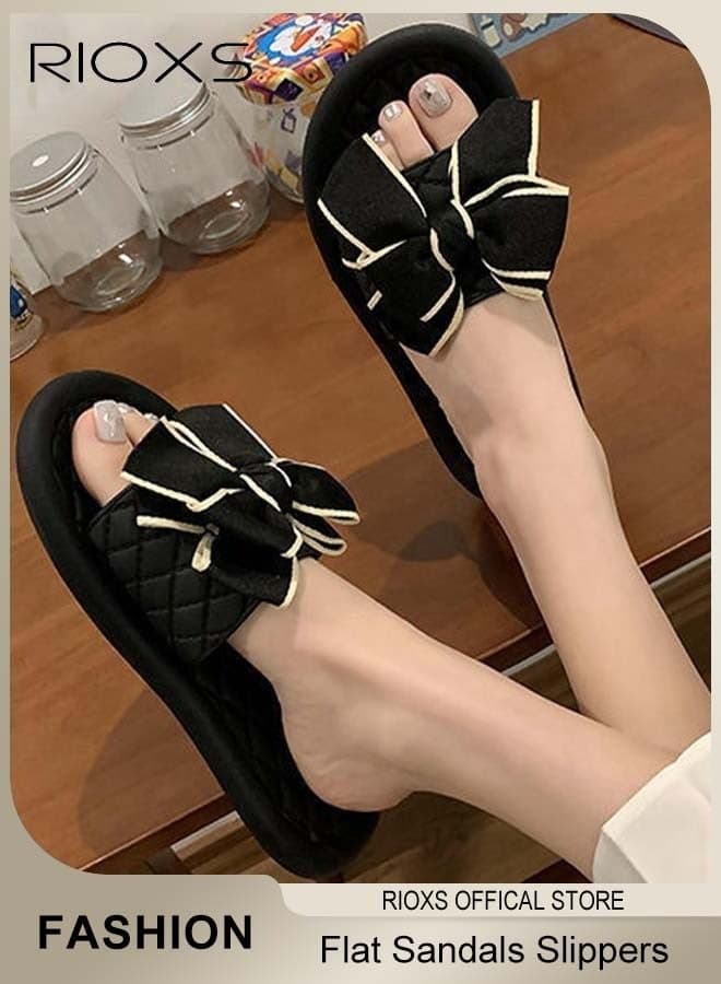 Women's Slippers, Fashion Flat Slippers with Bowknot, Open-toe Beach Sandals, Classic Plain Sliders Sandals, Soft Comfortable Sandals, Ladies Non-Slip Slippers, Indoor Outdoor Home Shoes, Lighweight Flats For Women Strolling Walking