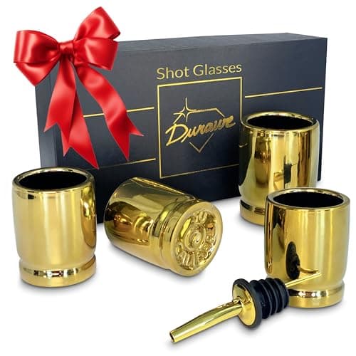 50 Caliber Shot Glass Ceramic Gun Shot Glasses Set of 4 with Pourer 50 Cal Bullet Casings Shaped Shot Glasses Great Gift Drinking Glass Set Gifts for Men Luxury Gift Set Bullet Shot Xmas Present