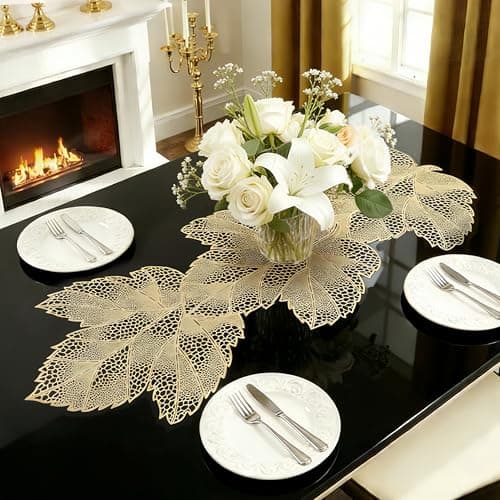 FAVE Gold Small Table Runner 36 Inch Heat Resistant Vinyl Table Cover for Dinner Party Wedding Decor(Maple Leaves)