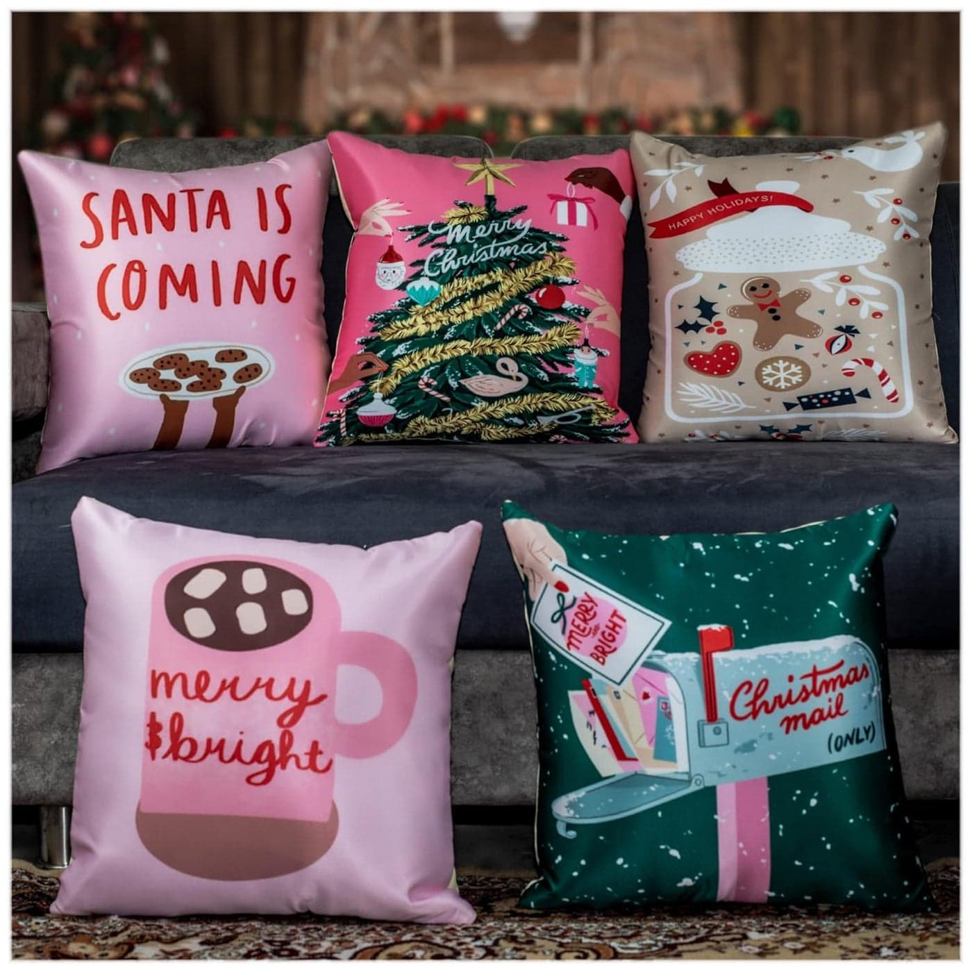 Vendola Merry Christmas Decorative Printed Satin CushionThrowPillow Covers Multicolour Set of 5 Pieces 20X20 Inches Mails