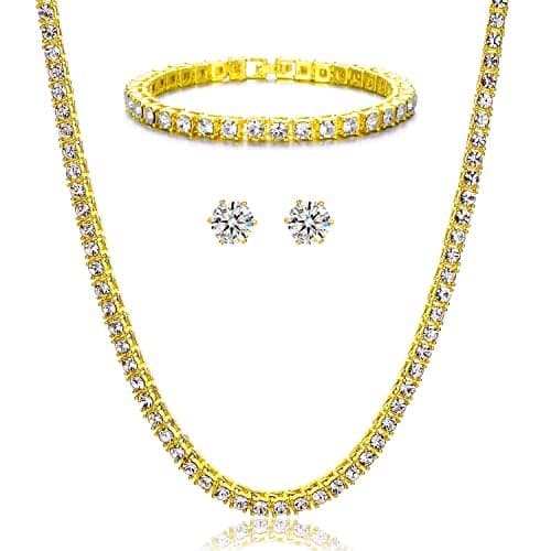 HH BLING EMPIRE Gold Silver Iced Out Diamond Tennis Chain Necklace for Men Women, Rhinestone Tennis Necklaces for Women and Teens, Diamond Neckalce/Bracelet/Earrings Sets (3mm Set-Gold-18)