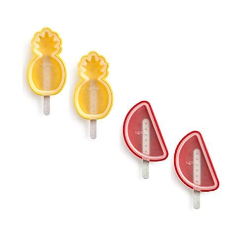 Lékué Set of 4 Tropical Popsicle & Ice Cream Molds + Sticks & Lids | Fun Shape Homemade Freezer Ice Pops | Flexible Platinum Silicone for Easy Fill & Unmold | Reusable & Dishwasher Safe| Multicolor