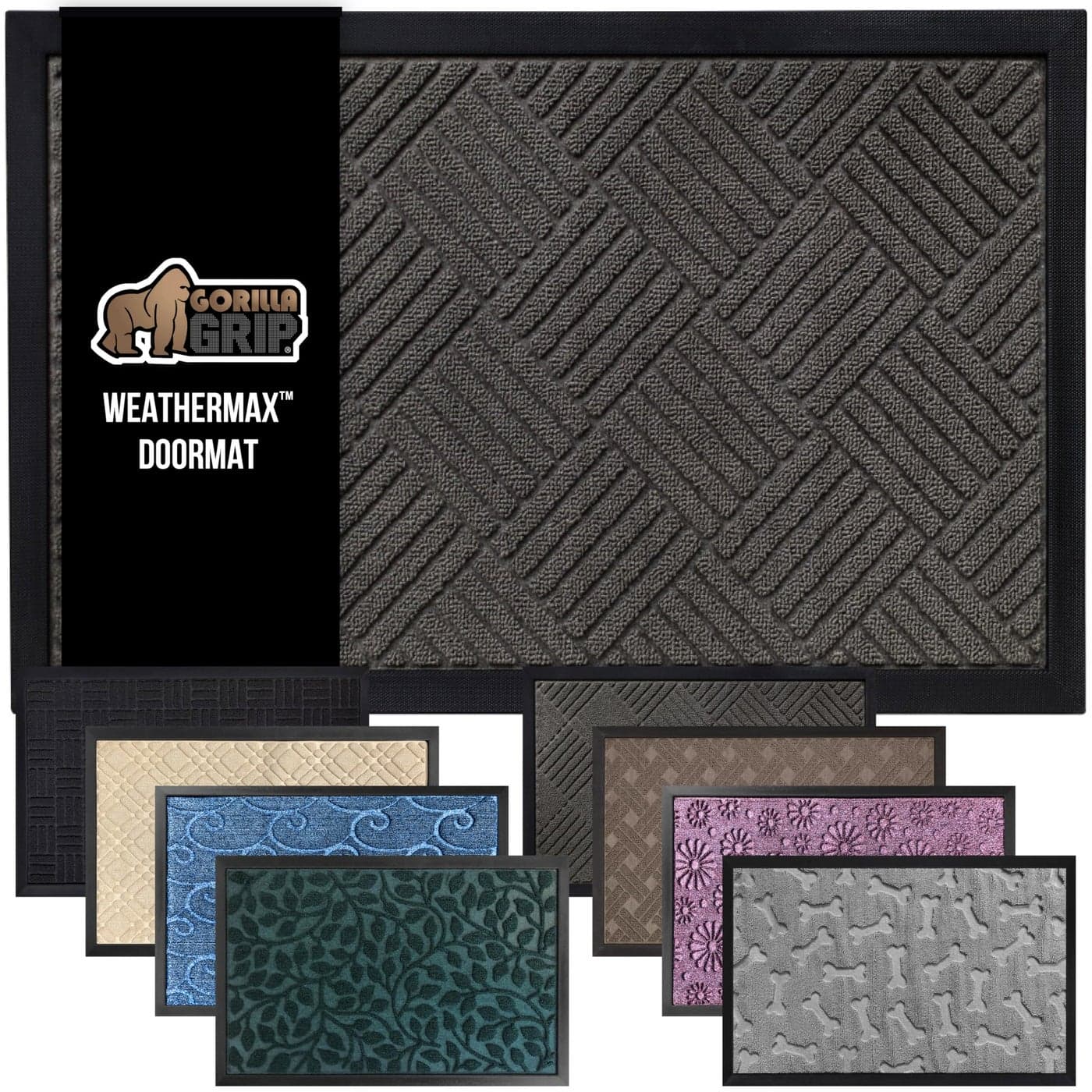 GORILLA GRIP 100 Waterproof AllSeason WeatherMax Doormat Durable Natural Rubber Stain and Fade Resistant Low Profile Indoor Outdoor Door Mats Easy Clean Patio Entrance Mat 17x29 Gray Diamond