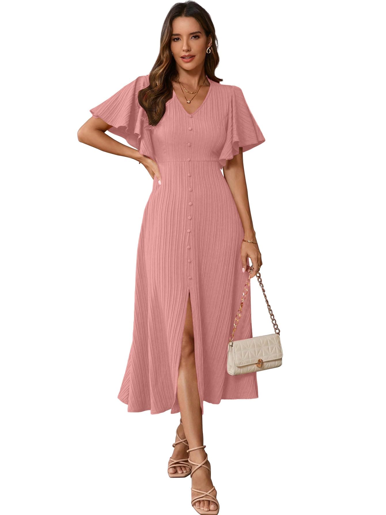 Shasmi Girl's & Women's Peach Pleated Midi Dress with Flutter Sleeves | V-Neck Western Dress for Women | Elegant A-Line Summer Outfit | Office & Casual Wear (Dress 244 Peach-L)