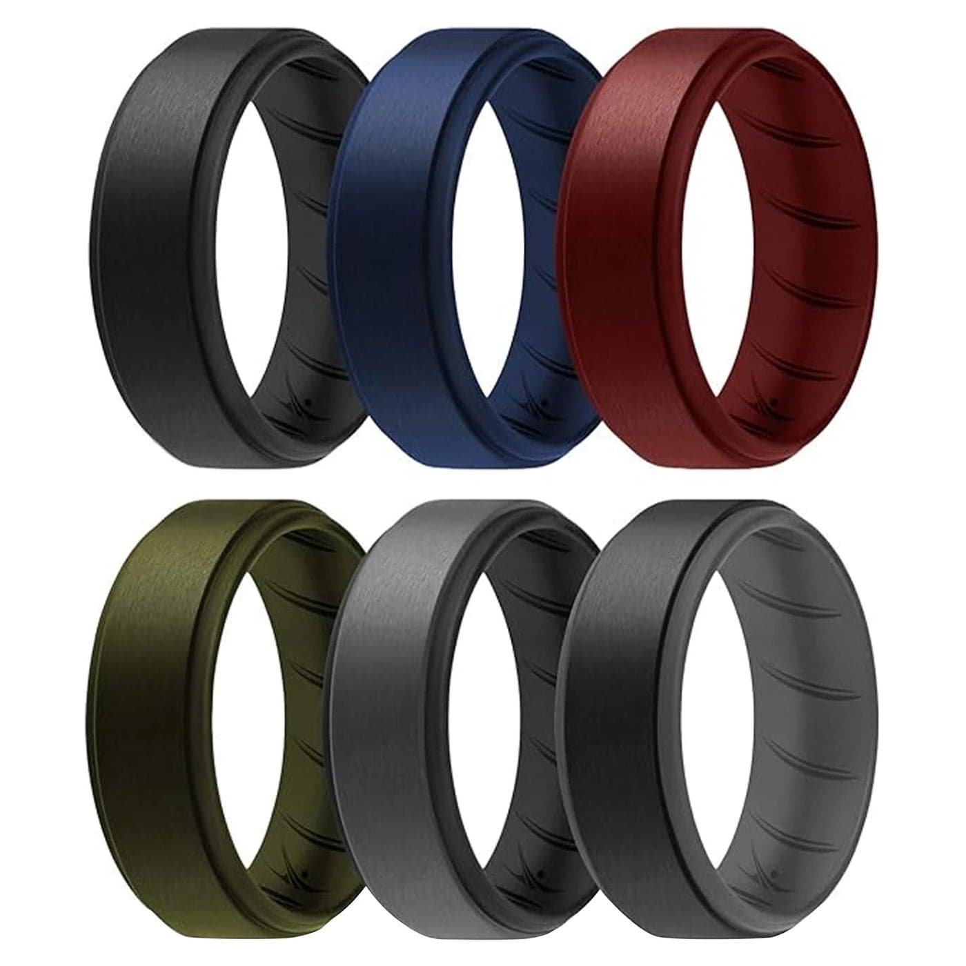ROQ Silicone Rubber Wedding Ring for Men, Comfort Fit, Men's Wedding Band, Breathable Rubber Engagement Ring/Band, Step Edge, 8mm Wide 2mm Thick, 6 Pack, Black, Blue, Bordeaux, Green, Grey, Size 8