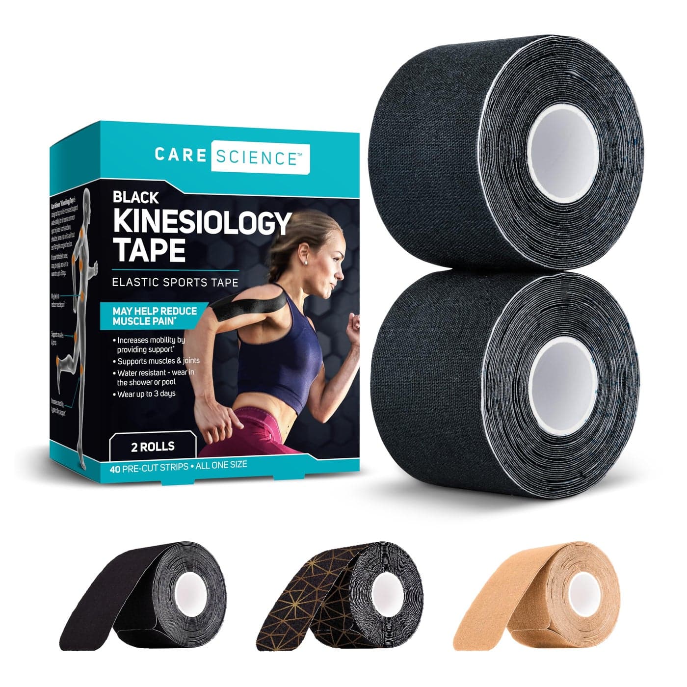 Care Science Waterproof Kinesiology Tape 40 ct Precut Strips 2 Rolls Black Elastic Sports Weightlifting Tape Supports Muscles Joints Water Resistant