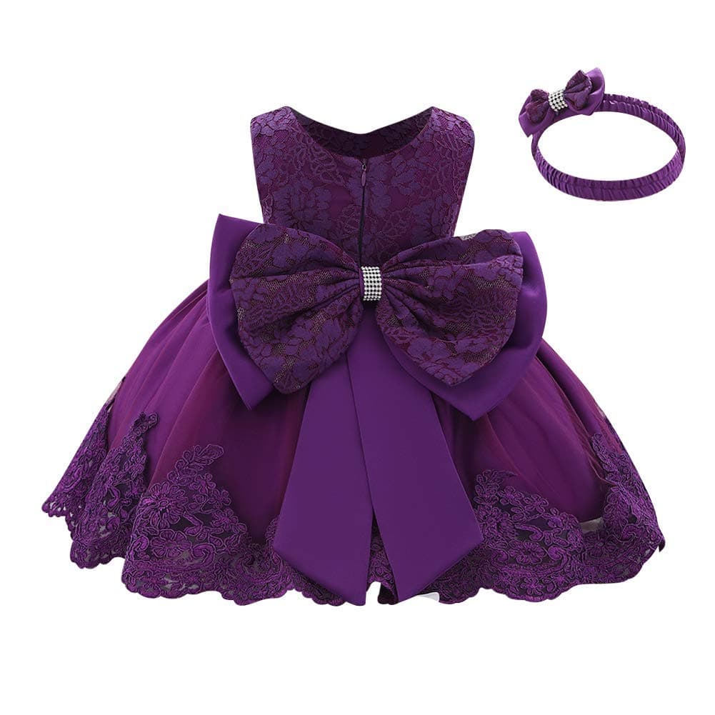 Flower Girl Embroidered Lace Tutu Dress Infant Baby Girls V Neck Bowknot First Birthday Dress Princess Wedding Formal Event Pageant Christmas Dress Summer Party Dresses Purple 1218 Months