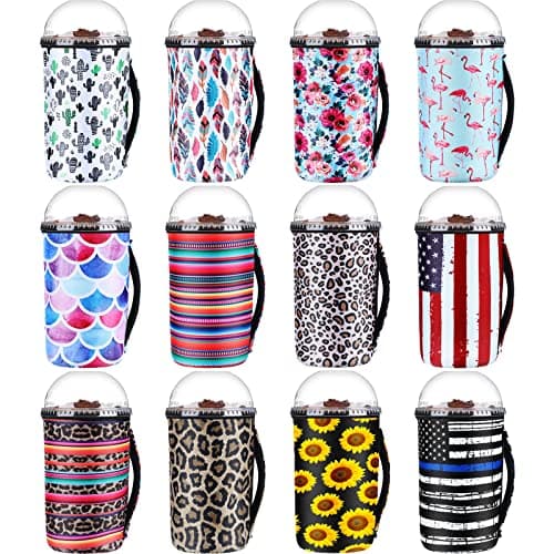 Boao 12 Pieces Reusable Iced Cup Sleeve Insulator Neoprene Beverages Cup Holder for Tumbler Hot Cold Drinks with Handle Summer Beach Tropical Hawaii Party(Elegant Style,32 Ounce (Pack of 1))