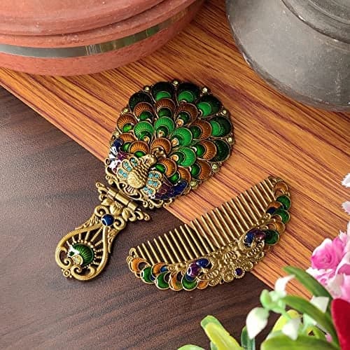 Vemlons Antique Peacock Hand Mirror and Comb Set for Girls - Beautiful Handicraft Compact Mirror