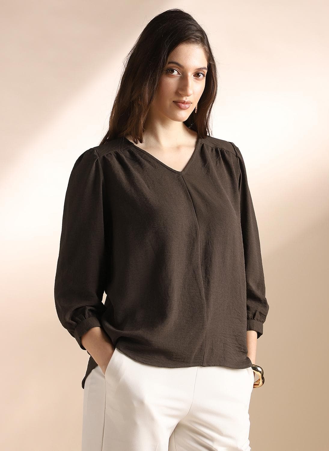 Globus Women's Brown Formal Top with V-Neck and Pleated Detail