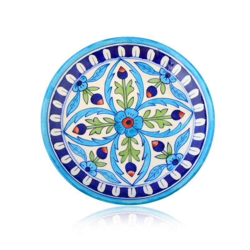 NATRIEL Blue Pottery White Color Plate Artisan Handcrafted Plate for Classic Home and Kitchen Decor and Serving Handmade and Handpainted Modern Mandala 8 to 10