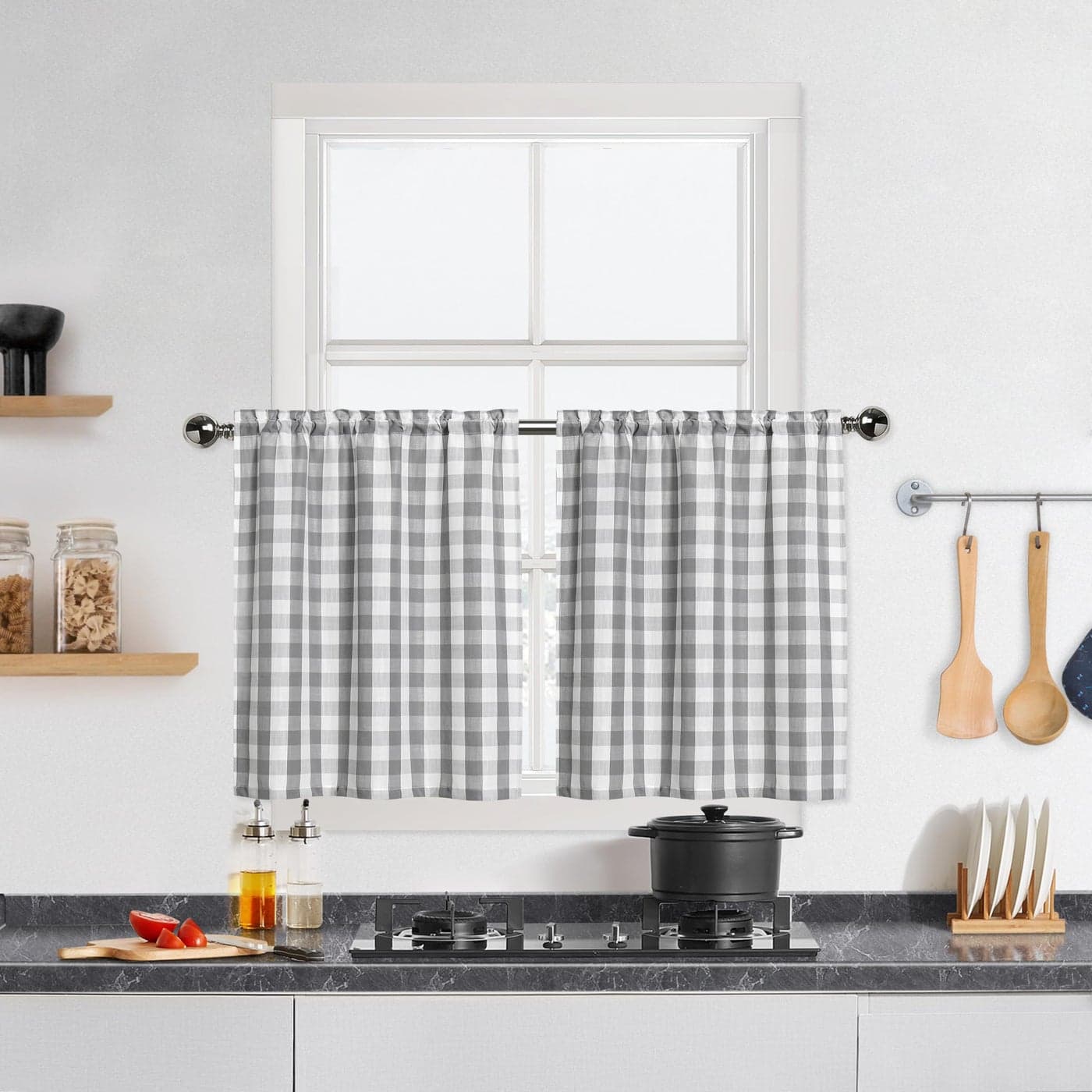 Buffalo Plaid Cafe Curtains 36 Inches Long Gray and White Buffalo Check Kitchen Tier Curtains Gingham Rod Pocket Short Tier Curtain for Kitchen Bathroom Window 28x36 SilverGrey Set of 2