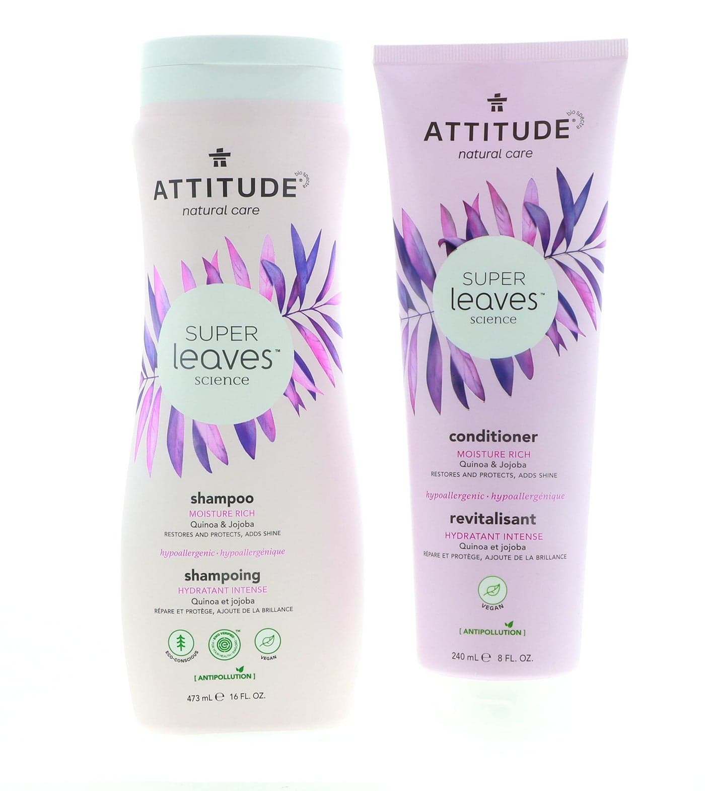 ATTITUDE Super Leaves Moisture Rich Shampoo Conditioner Bundle With Quinoa Vitamin B5 Jojoba Indian Cress Watercress Jasmine Guava 16 8 Fl Oz 2 Count