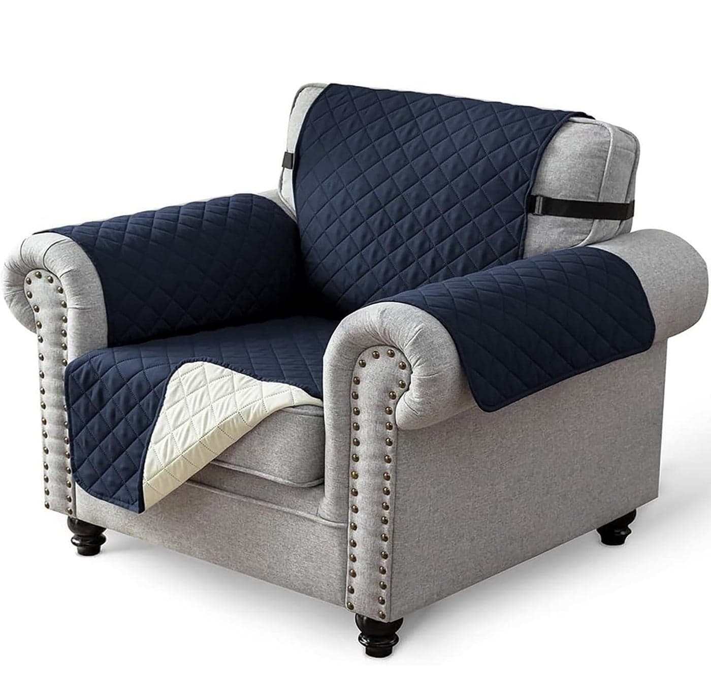 House of Quirk Reversible Sofa Cover, 1 Seater Couch Covers with Adjustable Elastic Straps, 280 GSM Sofa Slipcovers for Pets (Navy/Ivory, 53.3 x 190.5cm)