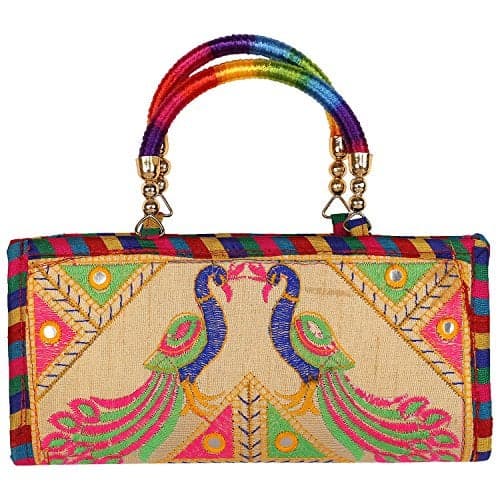 Craft Trade Peacock Beige Clutch Purse for Women Rajasthani Hand Embroidered Mini Crossbody Bag Women's Cluches for Wedding Party Gifts