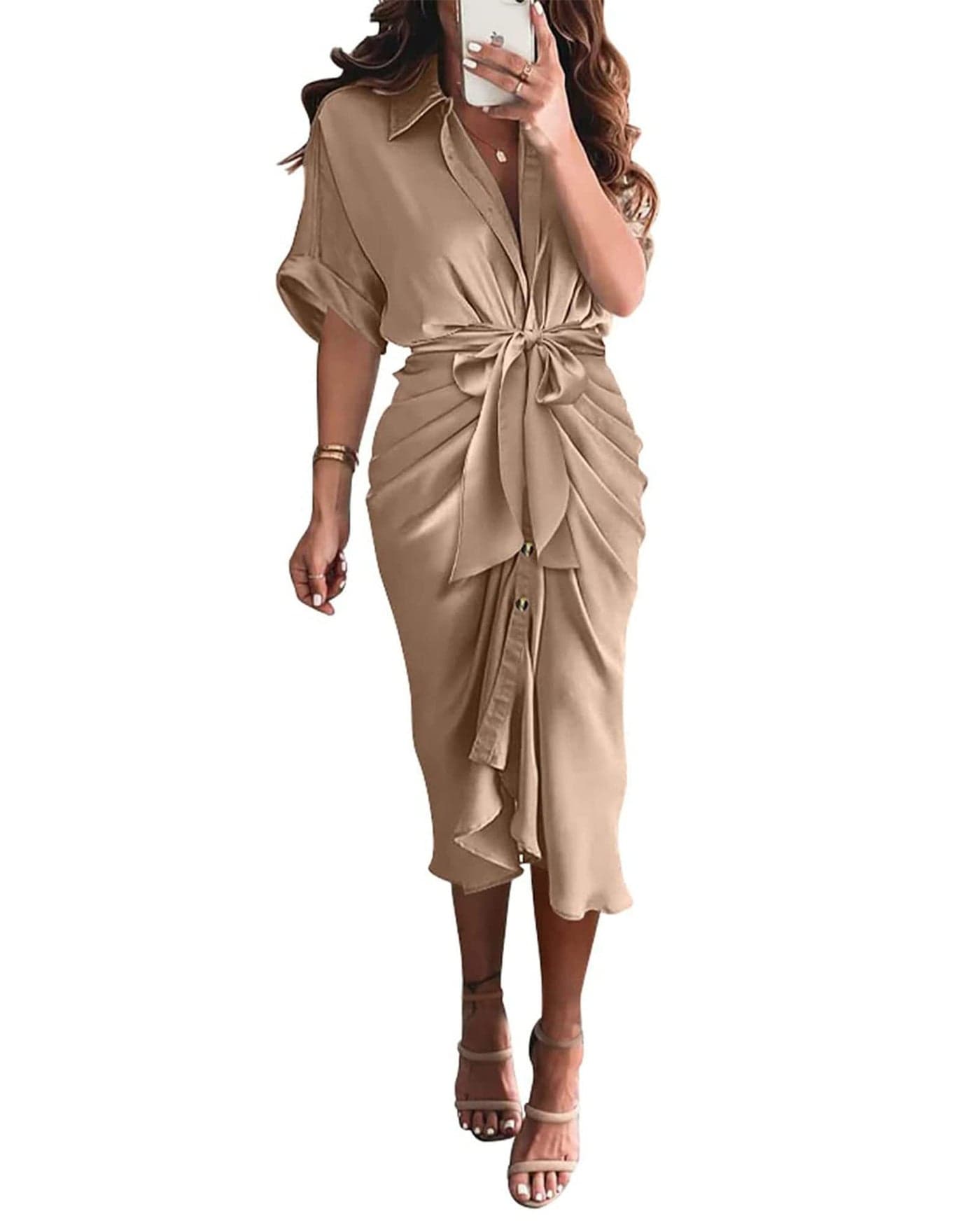 BTFBM Women Button Down Ruched Shirt Dresses Satin Short Sleeve Lapel V Neck Summer Maxi Dress 2025 Party Wedding Guest(Light Khaki, Medium)