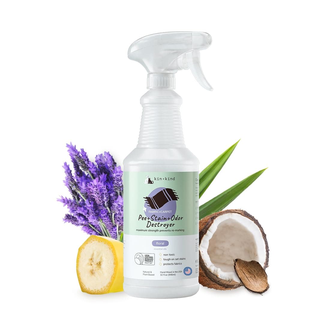 kin+kind Pet Odor Eliminator for Home - Litter Deodorizer, Pet Urine Odor Eliminator Spray and Stain Remover Spray for Harwood Floods, Carpet and Fabric - Pee, Odor and Stain Destroyer 32 fl oz