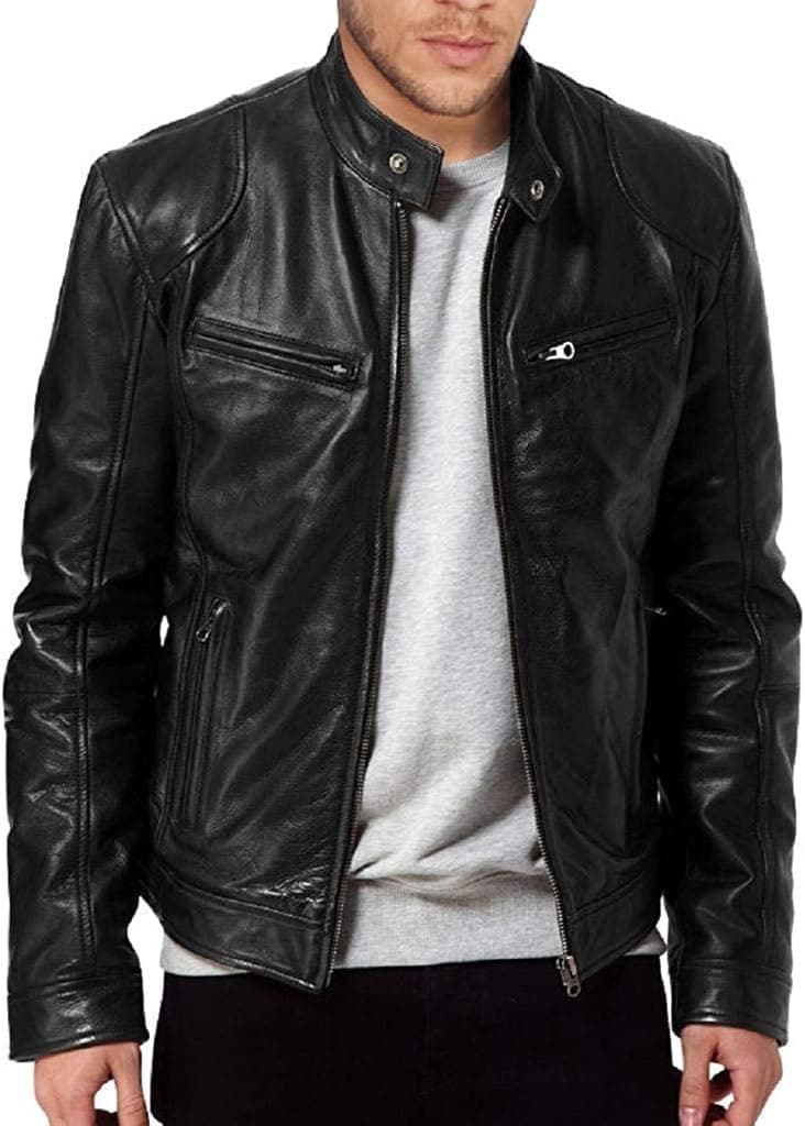 The Leather Factory Men's SWORD Genuine Lambskin Leather Biker Jacket, Black, L