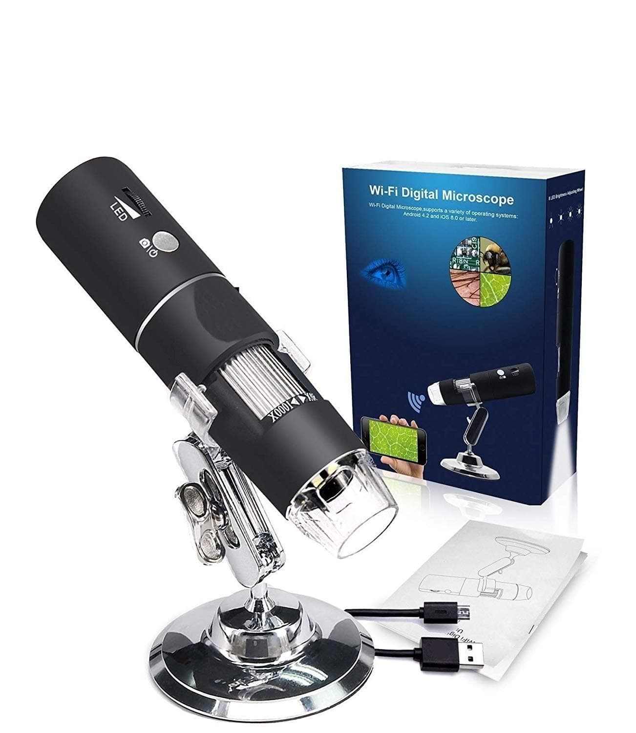 VIBOTON WiFi Digital Microscope,50X-1000X Handheld Digital Zoom Microscope Endoscope Magnifier HD 2MP 8 LED for Android and iOS Smartphone, iPhone, Samsung, Tablet, Windows PC (Black)