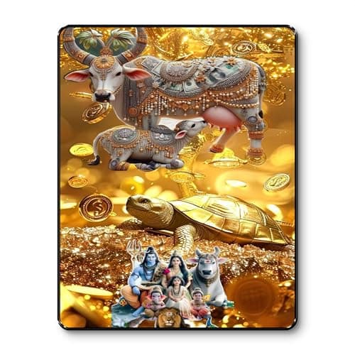 SAF Divine Cow Kamdhenu Tortoise Shiva Family Gold Coin Wall Art | Vastu Black Frame Sparkle Laminated Painting | Positive Energy, Wealth & Protection Home Decor (14 Inch x 11 Inch) K-36117