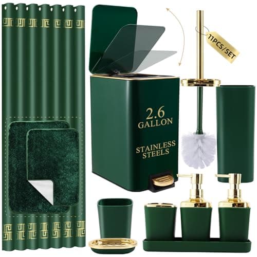 XLHOMO Bathroom Sets with Shower Curtain and Rugs Bathroom Accessories Set Hunter Green Bathroom Set,Soap Dispenser & Toilet Brush Holder Set with Stainless Steel Trash Can