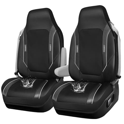 CAR PASS Sporty High Back 3D Oxford Waterproof Car Seat Cover Two Front Bucket Carbon Fiber Leather Seat Cover Builtin Seat Belt Armrest Compatible Fit for Sports Car SUV Sedan Truck All Black