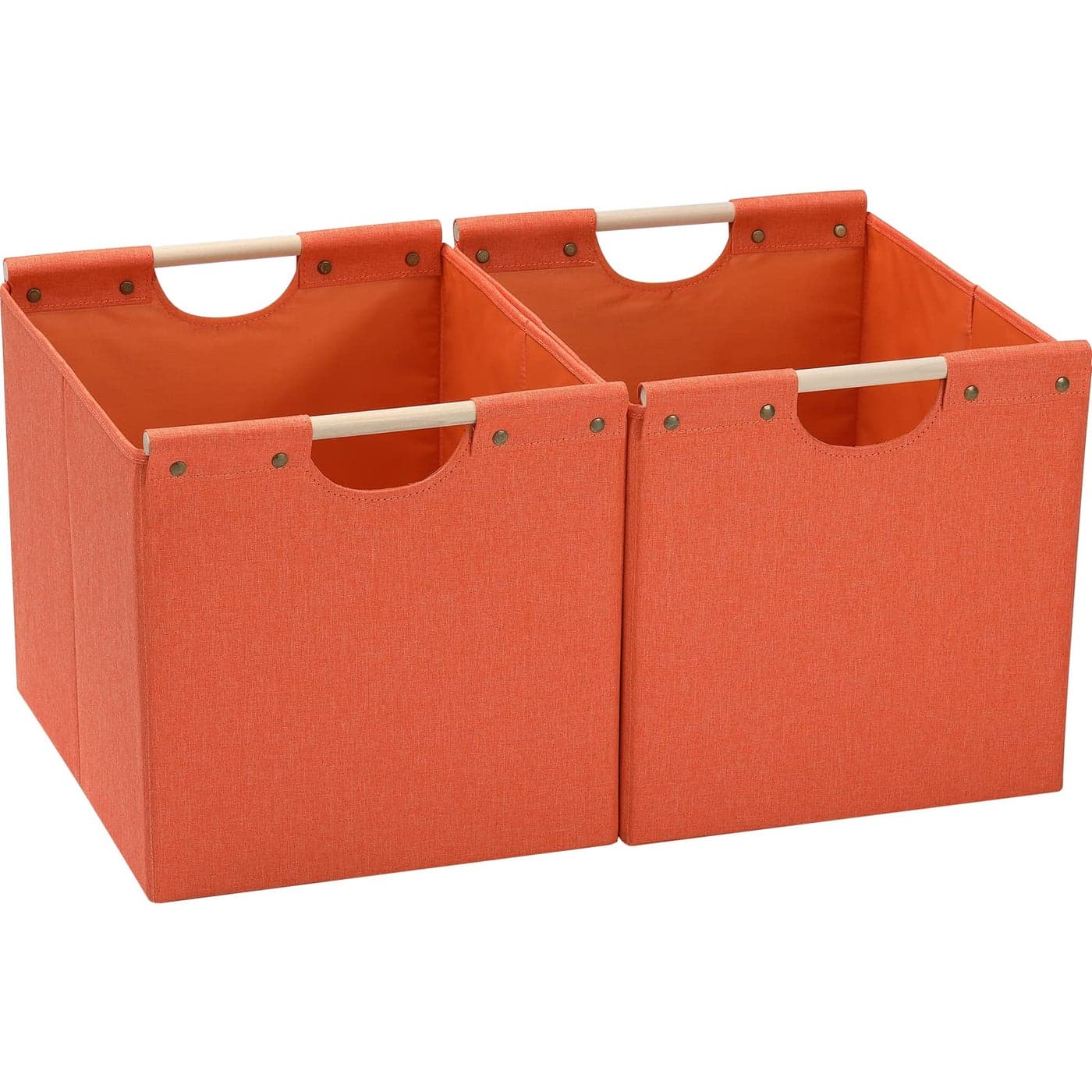 HOONEX Large Collapsible Storage Bins Linen Fabric Pack of 2 Storage Baskets with Wooden Carry Handles and Sturdy Heavy Cardboard for Home Office Car Nursery Orange