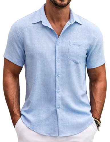 COOFANDY Mens Short Sleeve Dress Shirts Casual Summer Button Down Shirt with Pocket Light Blue