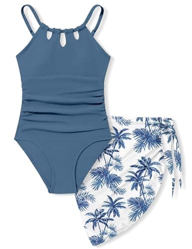 KANGKANG Girls Swimsuit, Girls Bathing Suits Size 10-12 Quick Dry Cut Out One Piece Swimsuits with Tropical Print Cover Up Skirt Teen Bathing Suits Swimwear Set
