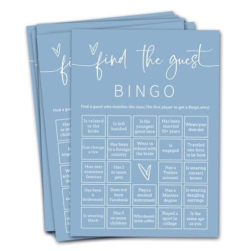 Wybgno Wedding Shower Games Cards 25Pcs Prefilled Find The Guest Bingo Game Cards Engagement Party Games for Guests Minimalist Blue Wedding Party Supplies B19