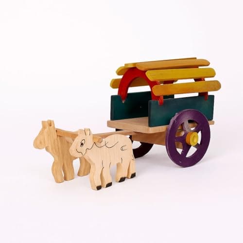 YAMKAY Wooden Bullock Cart Showpiece | Hand-Carved Handmade Decor | Traditional Indian Craft | Antique Style Wooden Collectible | Multicolor Home Décor | Pack of 1