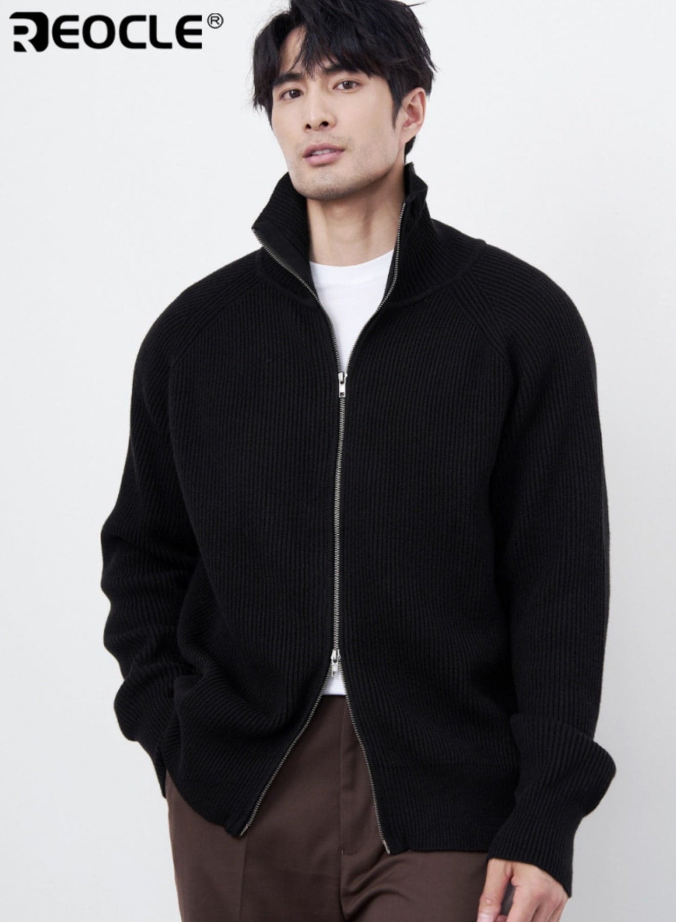 Men's Double Zipper Cardigan with Lapel Collar and Knit Design Casual Sweater with Versatile Style for Autumn Winter Layering