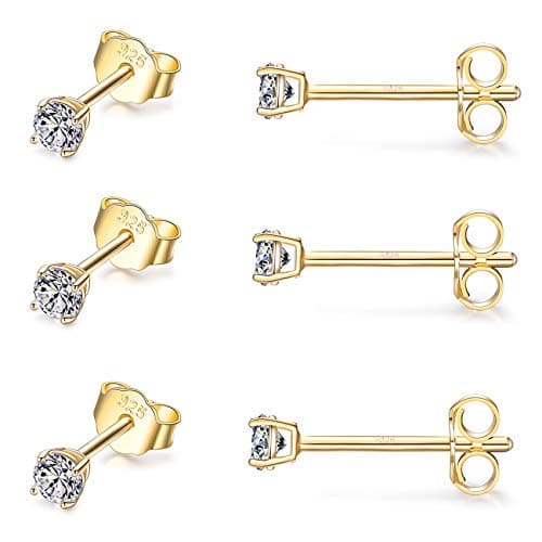 EPIRORA Sterling Silver Stud Earrings for Women Men- 3 Pairs 3mm Tiny Ball Stud Earrings Round CZ Earrings Pearl Earring Set Cartilage Small Tragus Earring (3 Pairs-Cubic Zirconia Earings(Gold))