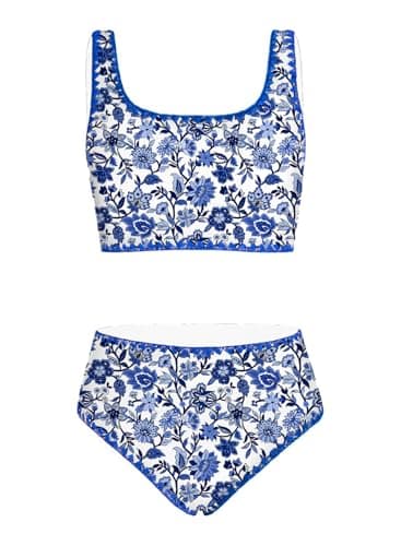 blibean Tween Girl Swimsuits Little Kids Girls Summer Swim Bathing Suits Teen Fashion Two Piece Bikini Boho Hawaii Swimwear Beach Sets Traje Baño Niñas Size 6-7 Year Old Blue Floral