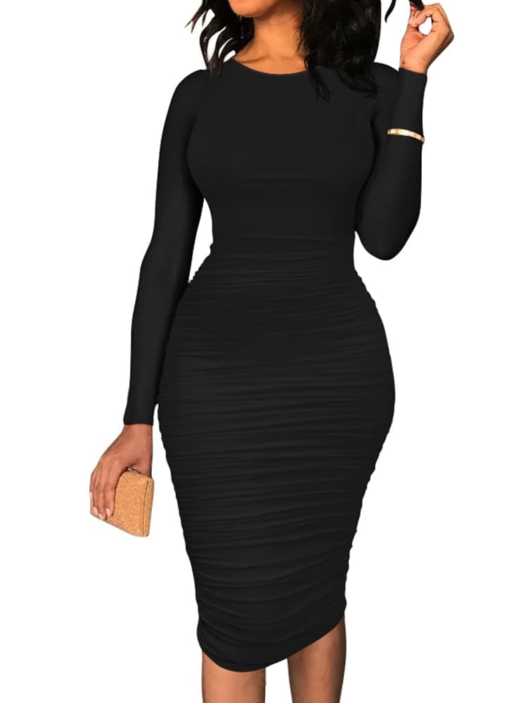 BEAGIMEG Women's Ruched Long Sleeve Elegant Bodycon Basic Casual Midi Dress Black