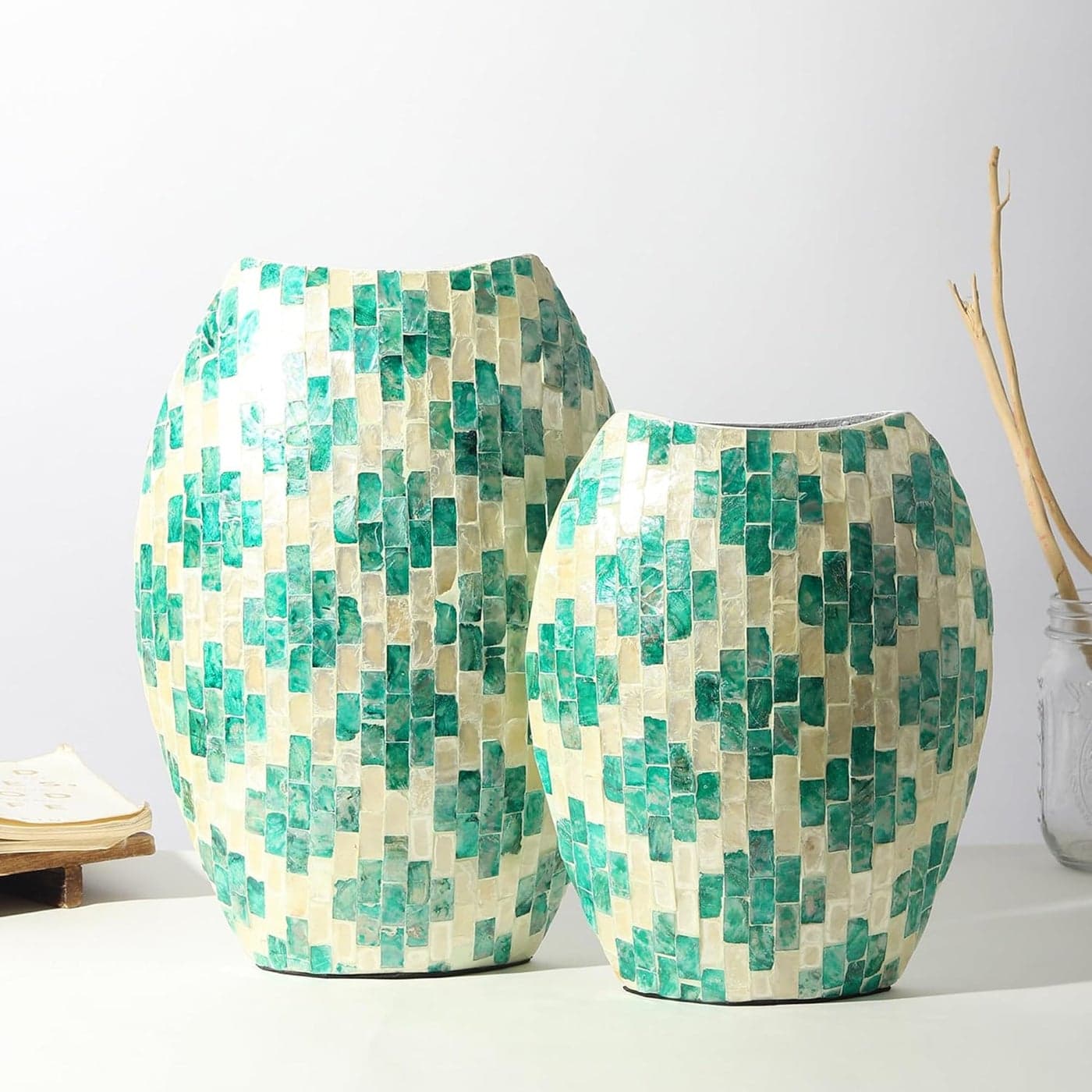 Habere IndiaAll The Cultures Fabricating India flower vase home decor flower pot for living room home decor items table decor vase for living room MOP Oval Vase Set of 2 Medium Large