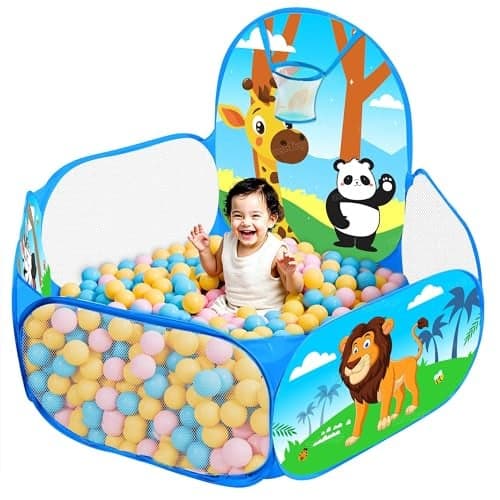 Zest 4 Toyz Ball Pool for Kids Ball Pit with Animal Design Indoor and Outdoor Playpen with Basketball Hoop Foldable Play Pool for Boys and Girls (Balls Not Included) Jungle Themed